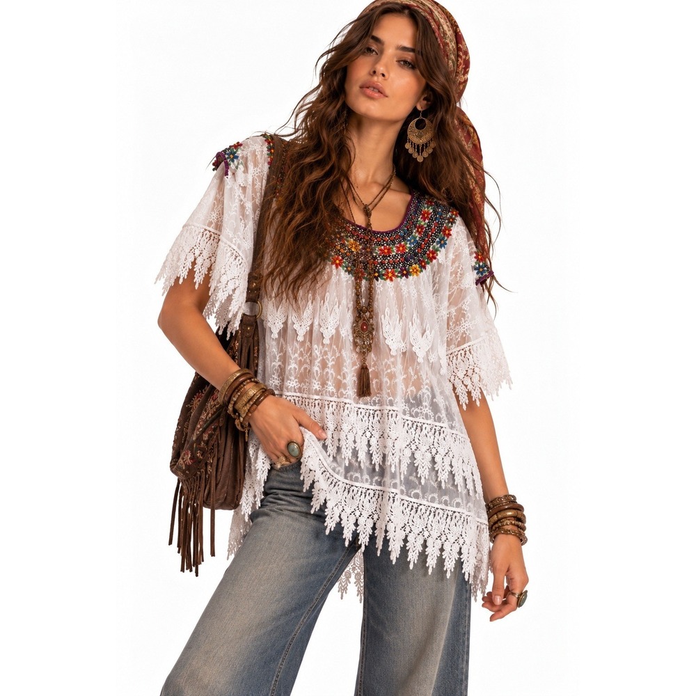Hand Embroidered Poncho Top Bird Floral Huipil Guatemala Mexico Boho Lace Fringe